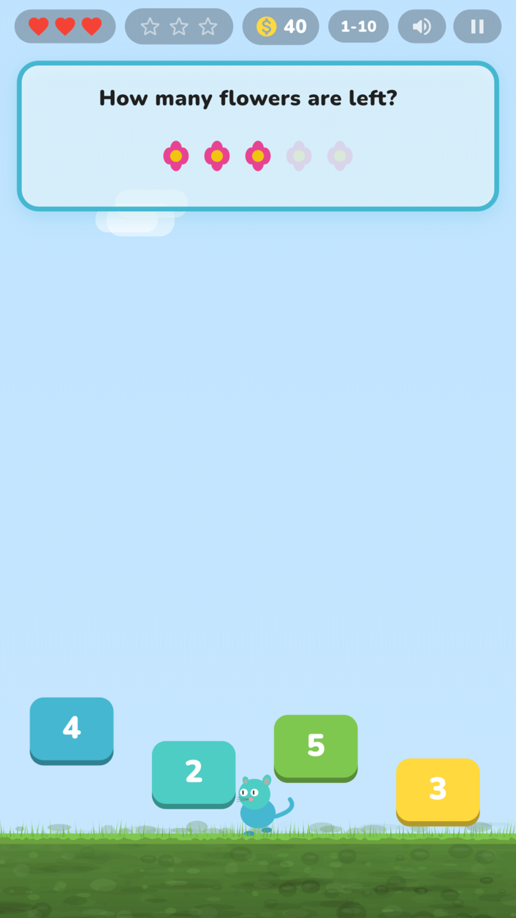 Playing a Green Meadows level: 'How many flowers are left?' with tap-to-answer blocks