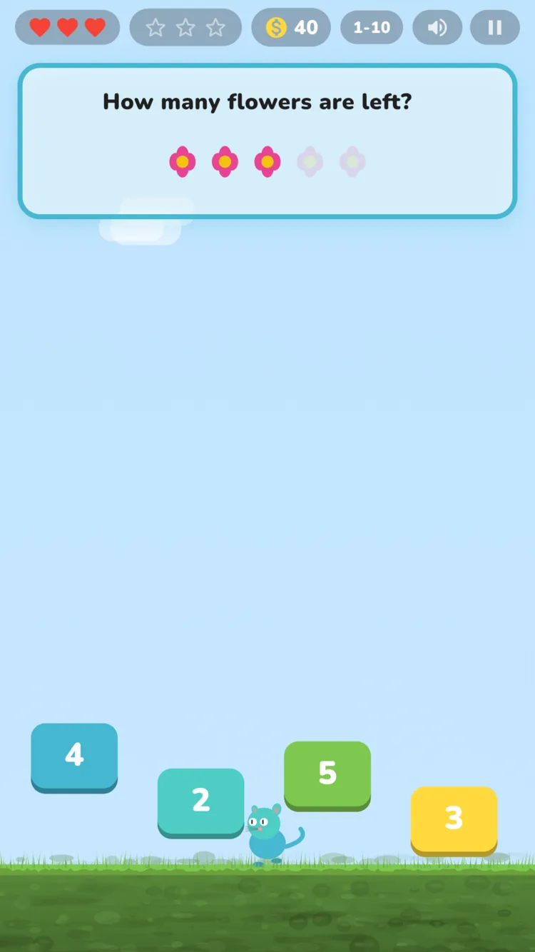 Playing a Green Meadows level: 'How many flowers are left?' with tap-to-answer blocks