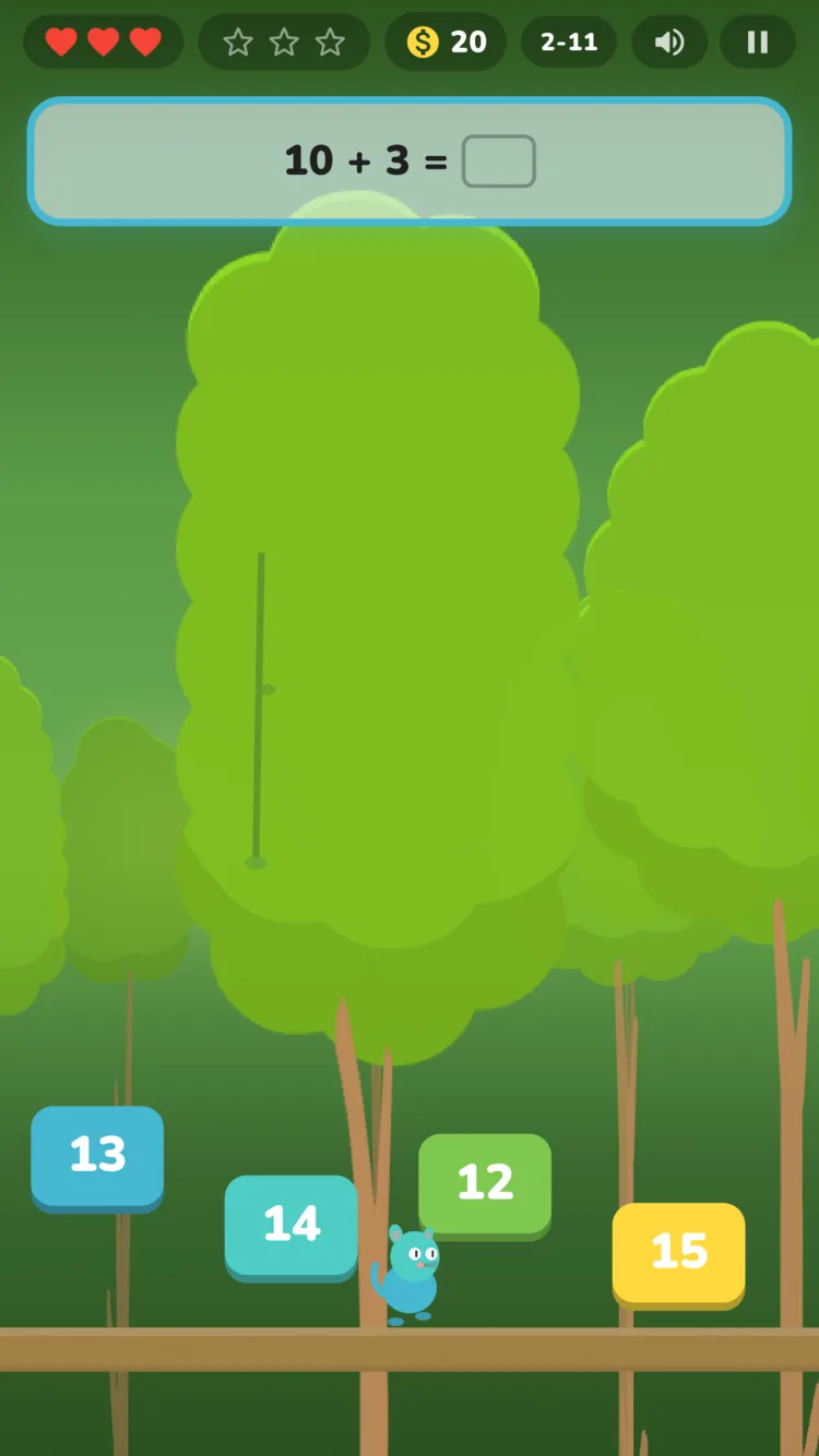 Playing a Treehouse Canopy level: '10 + 3 = ?' with tap-to-answer blocks