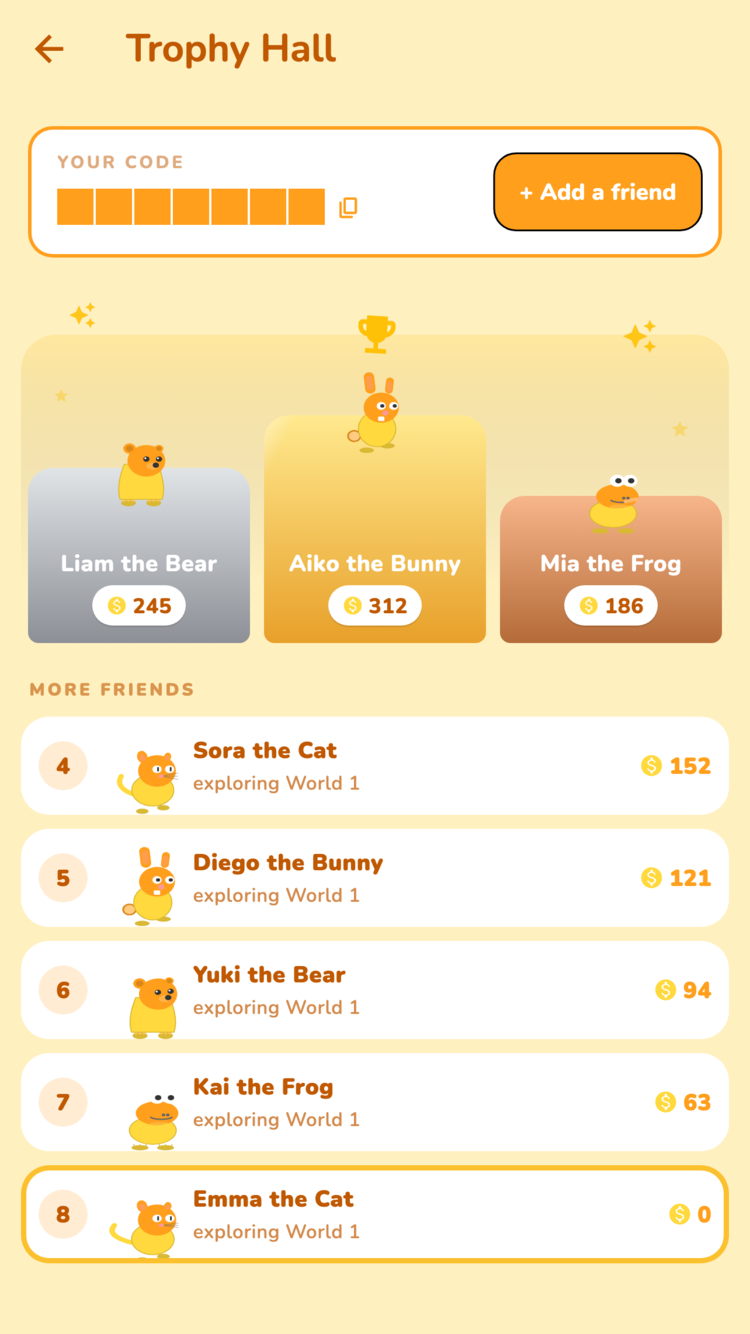 Trophy Hall: a friends leaderboard with a trophy podium and friend codes
