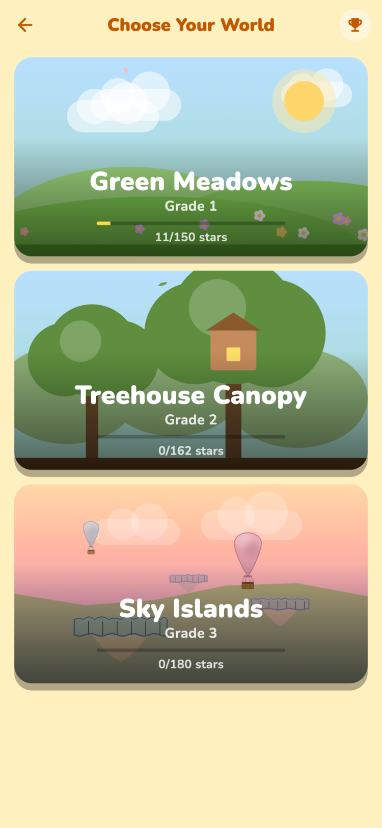 MathQuest world select: three illustrated worlds - Green Meadows (Grade 1), Treehouse Canopy (Grade 2) and Sky Islands (Grade 3)