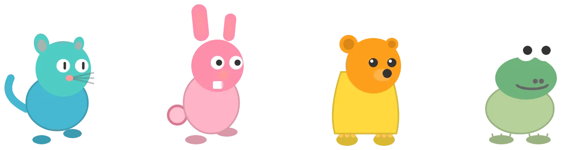 The four playable MathQuest heroes standing in a row on a floating Sky Islands platform: a cat, a bunny, a bear, and a frog